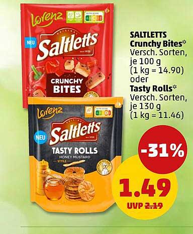 Saltletts Crunchy Bites oder Tasty Rolls* Versch. Sorten, je 100 g oder je 130 g
