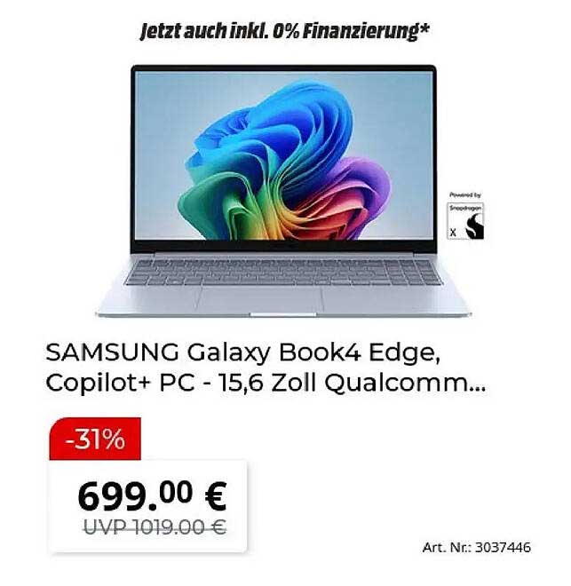 SAMSUNG Galaxy Book4 Edge, Copilot+ PC - 15,6 Zoll Qualcomm...