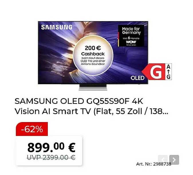SAMSUNG OLED GQ55S90F 4K Vision AI Smart TV (Flat, 55 Zoll / 138...