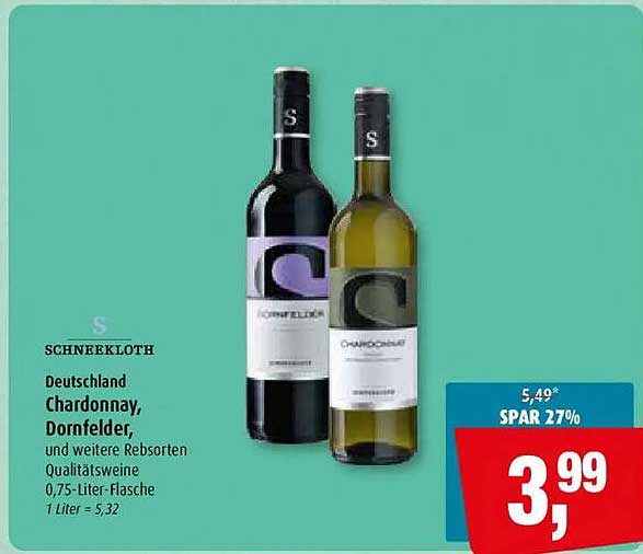 SCHNEEKLOTH Deutschland Chardonnay, Dornfelder, und weitere Rebsorten Qualitätsweine 0,75-Liter-Flasche 1 Liter = 5,32