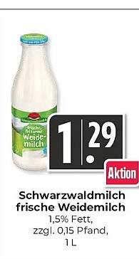 Schwarzwaldmilch frische Weidemilch 1,5% Fett, zzgl. 0,15 Pfand, 1L