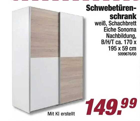 Schwebetüren-schrank weiß, Schachbrett Eiche Sonoma Nachbildung, B/H/T ca. 170 x 195 x 59 cm 5099676/00