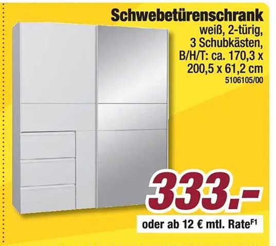 Schwebetürenschrank weiß, 2-türig, 3 Schubkästen, B/H/T: ca. 170,3 x 200,5 x 61,2 cm