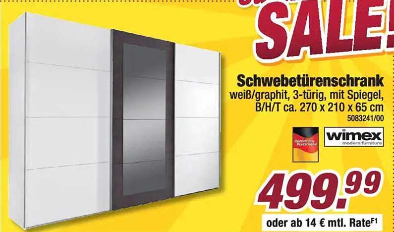 Schwebetürenschrank weiß/graphit, 3-türig, mit Spiegel, B/H/T ca. 270 x 210 x 65 cm