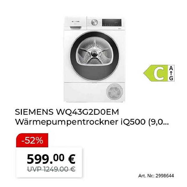 SIEMENS WQ43G2DOEM Wärmepumpentrockner iQ500 (9,0...