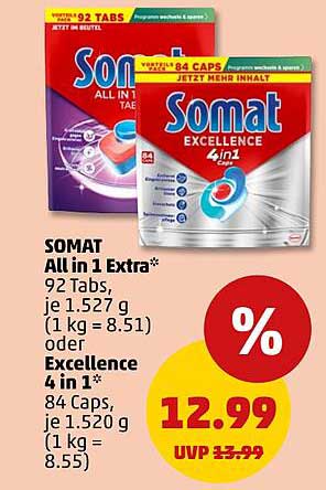 SOMAT All in 1 Extra* 92 Tabs, je 1.527 g (1 kg = 8.51) oder Excellence 4 in 1* 84 Caps, je 1.520 g (1 kg = 8.55)