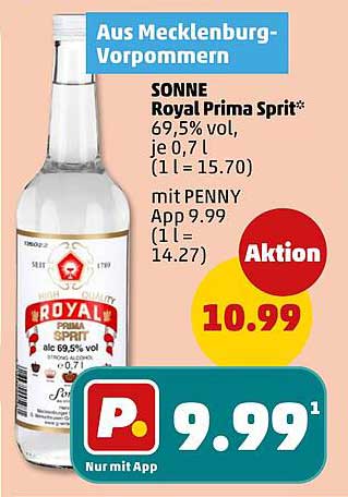 SONNE Royal Prima Sprit* 69,5% vol, je 0,7 l (1 l = 15.70)