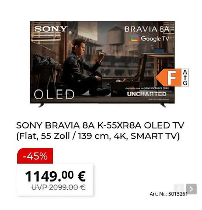 SONY BRAVIA 8A K-55XR8A OLED TV (Flat, 55 Zoll / 139 cm, 4K, SMART TV)