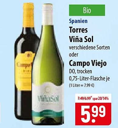 Spanien Torres Viña Sol verschiedene Sorten oder Campo Viejo DO, trocken 0,75-Liter-Flasche je