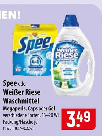 Spee oder Weißer Riese Waschmittel Megaperls, Caps oder Gel verschiedene Sorten, 16–20 WL Packung/Flasche je