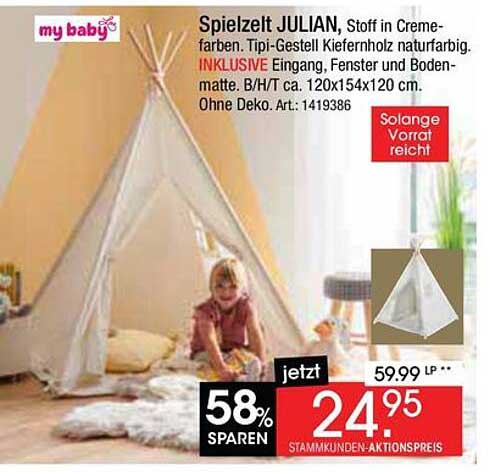 Spielzelt JULIAN, Stoff in Cremefarben. Tipi-Gestell Kiefernholz naturfarbig. INKLUSIVE Eingang, Fenster und Bodenmatte. B/H/T ca. 120x154x120 cm. Ohne Deko. Art.: 1419386