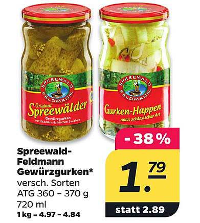 Spreewald-Feldmann Gewürzgurken* versch. Sorten ATG 360 – 370 g 720 ml 1kg = 4.97 – 4.84