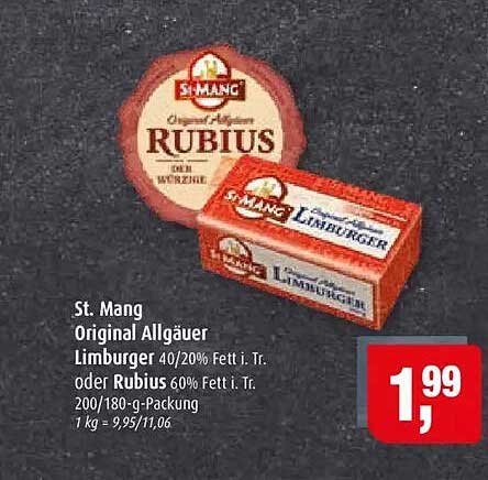 St. Mang Original Allgäuer Limburger 40/20% Fett i. Tr. oder Rubius 60% Fett i. Tr. 200/180-g-Packung