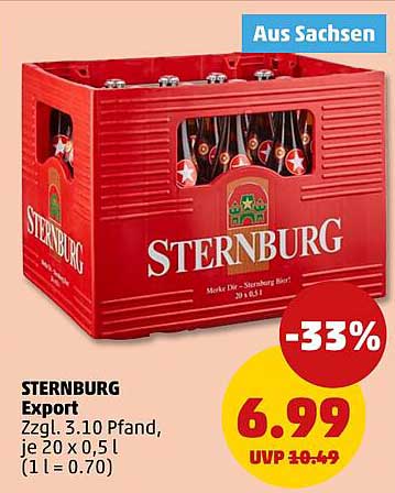 STERNBURG Export Zzgl. 3.10 Pfand, je 20 x 0,5 l (1 l = 0.70)