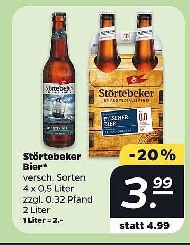 Störtebeker Bier* versch. Sorten 4 x 0,5 Liter zzgl. 0.32 Pfand 2 Liter 1 Liter = 2.-