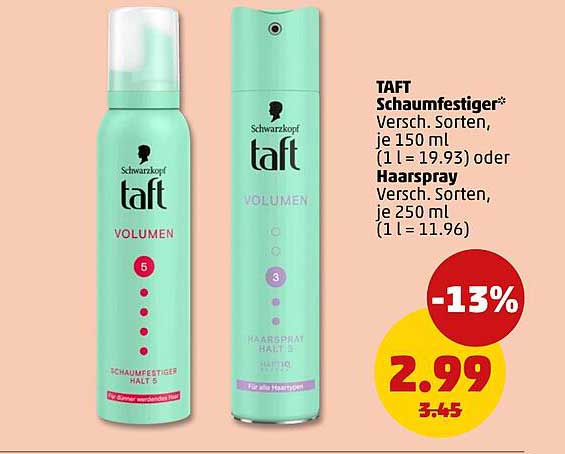 TAFT Schaumfestiger* Versch. Sorten, je 150 mL (1 l = 19.93) oder Haarspray Versch. Sorten, je 250 mL (1 l = 11.96)