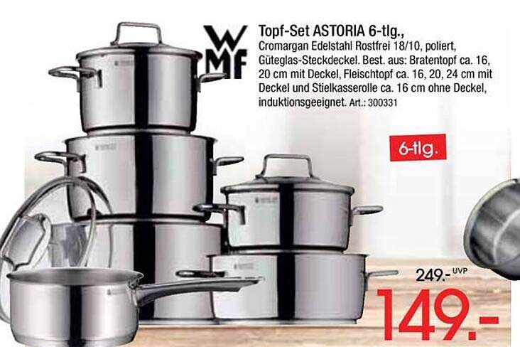 Topf-Set ASTORIA 6-tlg., Cromargan Edelstahl Rostfrei 18/10, poliert, Güteglas-Deckel. Best. aus: Bratentopf ca. 16, 20 cm mit Deckel, Fleischtopf ca. 16, 20, 24 cm mit Deckel und Stielkasserolle ca. 16 cm ohne Deckel, induktionsgeeignet. Art.: 300331