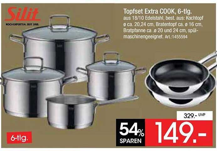 Topfset Extra COOK, 6-tlg. aus 18/10 Edelstahl, best. aus: Kochtopf Ø ca. 20/24 cm, Bratentopf ca. Ø 16 cm, Bratpfanne ca. Ø 20 und 24 cm, spülmaschinengeeignet. Art.:1455594