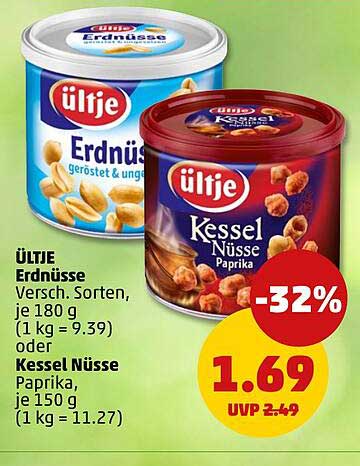 Ültje Erdnüsse Versch. Sorten, je 180 g (1 kg = 9.39) oder Kessel Nüsse Paprika, je 150 g (1 kg = 11.27)