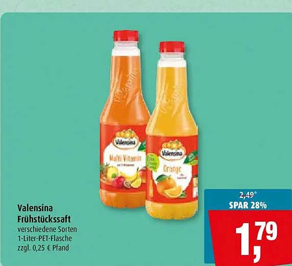 Valensina Frühstückssaft verschiedene Sorten 1-Liter-PET-Flasche zzgl. 0,25 € Pfand