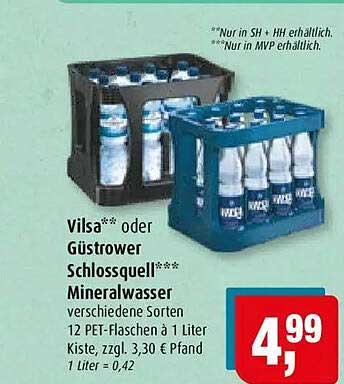 Vilsa* oder Güstrower Schlossquell*** Mineralwasser verschiedene Sorten 12 PET-Flaschen à 1 Liter Kiste, zzgl 3,30 € Pfand