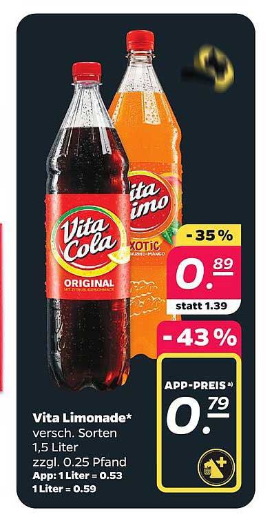 Vita Limonade* verschl. Sorten 1,5 Liter zzgl. 0,25 Pfand App: 1 Liter = 0,53 1 Liter = 0,59