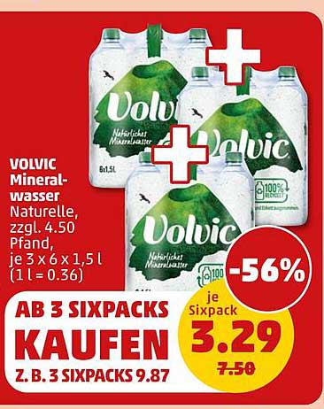 VOLVIC Mineral-Wasser Naturelle, 22gl. 4.50 Pfand, je 3 x 6 x 1,5 l (1 l = 0,36) AB 3 SIXPACKS KAUFEN