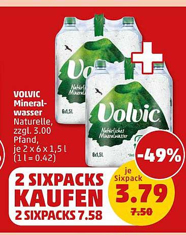 VOLVIC Mineralwasser Naturelle, zzgl. 3.00 Pfand, je 2 x 6 x 1,5 l (1 l = 0.42)