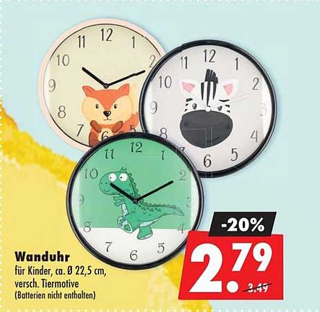 Wanduhr für Kinder, ca. Ø 22,5 cm, versch. Tiermotive (Batterien nicht enthalten)
