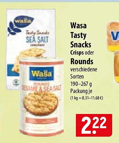 Wasa Tasty Snacks Crisps oder Rounds verschiedene Sorten 190–267 g Packung je