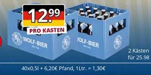WOLF-BIER 40x0,5l + 6,20€ Pfand, 1ltr. = 1,30€