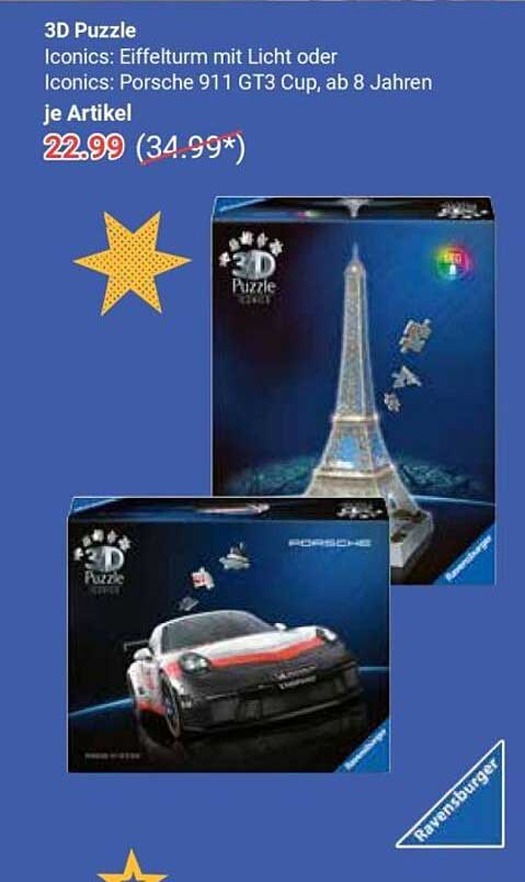 3D Puzzle Iconics: Eiffelturm mit Licht oder Porsche 911 GT3 Cup, ab 8 Jahren