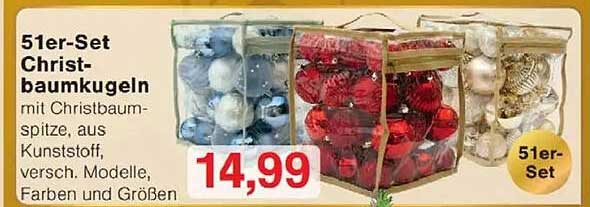 51er-Set Christbaumkugeln mit Christbaumspitze aus Kunststoff, verschiedene Modelle, Farben und Größen