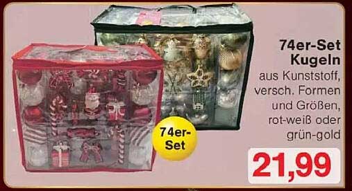 74er-Set Kugeln aus Kunststoff, verschiedene Formen und Größen, rot-weiß oder grün-gold