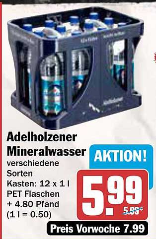 Adelholzener Mineralwasser verschiedene Sorten Kasten: 12 x 1 l PET Flaschen + 4.80 Pfand (1 l = 0.50)