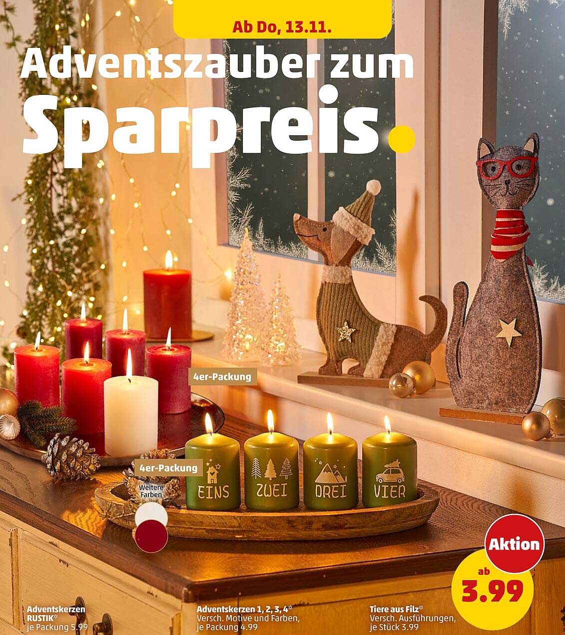 Adventskerzen 1, 2, 3, 4 - Versch. Motive und Farben, je Packung