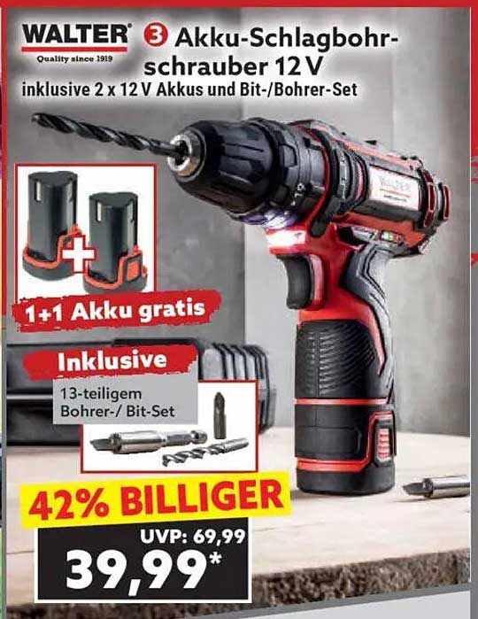 Akku-Schlagbohrschrauber 12 V inklusive 2 x 12 V Akkus und Bit-/Bohrer-Set