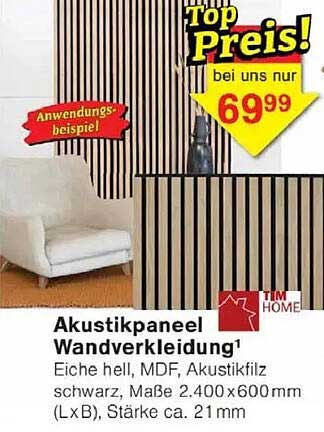 Akustikpaneel Wandverkleidung von TIM HOME - Eiche hell, MDF, Akustikfilz schwarz