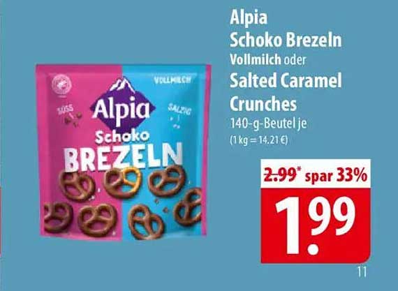 Alpia Schoko Brezeln Vollmilch oder Salted Caramel Crunches 140-g-Beutel je
