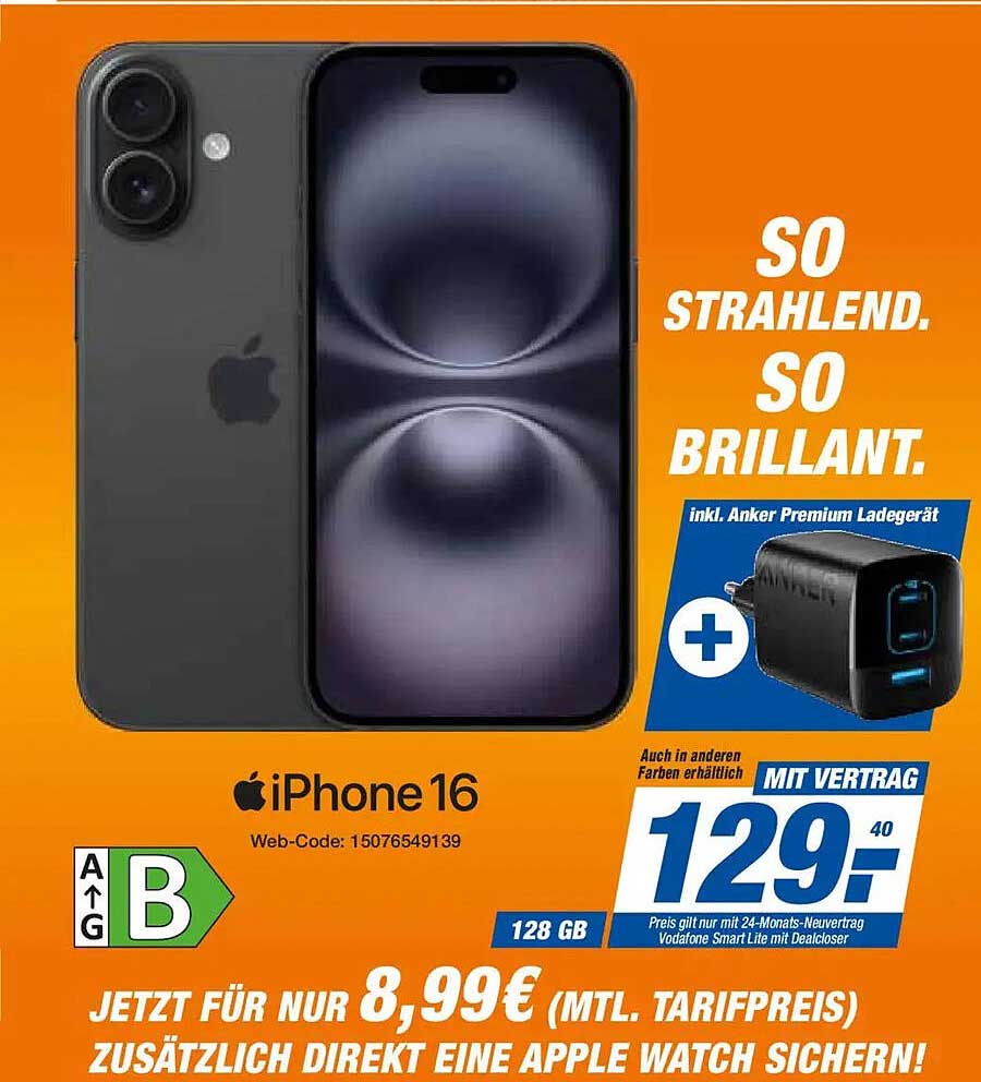 Apple iPhone 16 mit 128 GB für 129,40 € (inkl. Anker Premium Ladegerät) - Jetzt für nur 8,99 € mtl. Tarifpreis!
