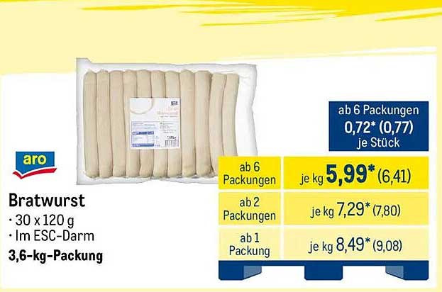 aro Bratwurst 3,6-kg-Packung (30 x 120 g) im ESC-Darm