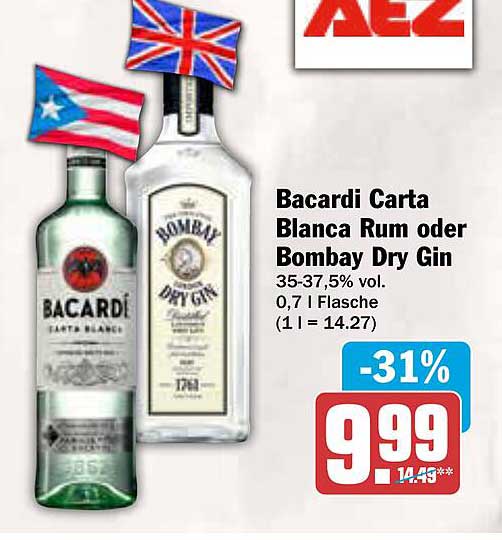 Bacardi Carta Blanca Rum oder Bombay Dry Gin - 0,7 l Flasche