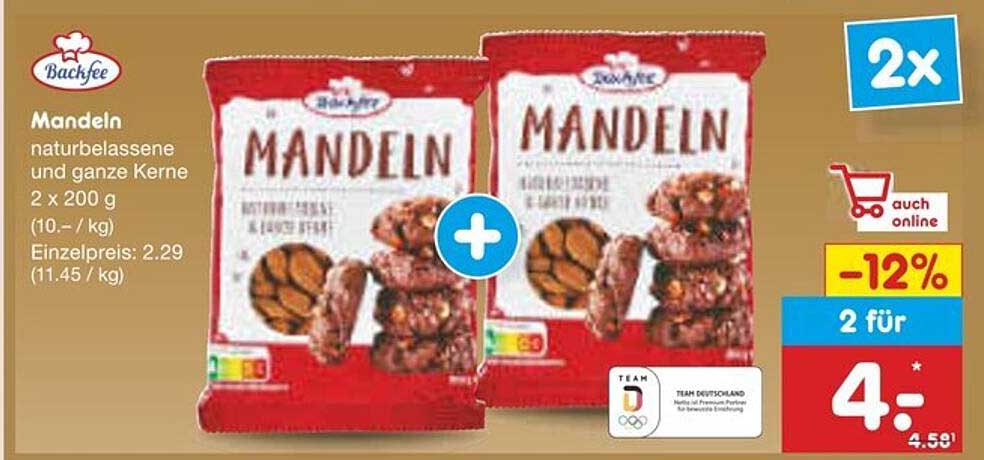 Backfee Mandeln naturbelassene und ganze Kerne 2 x 200 g