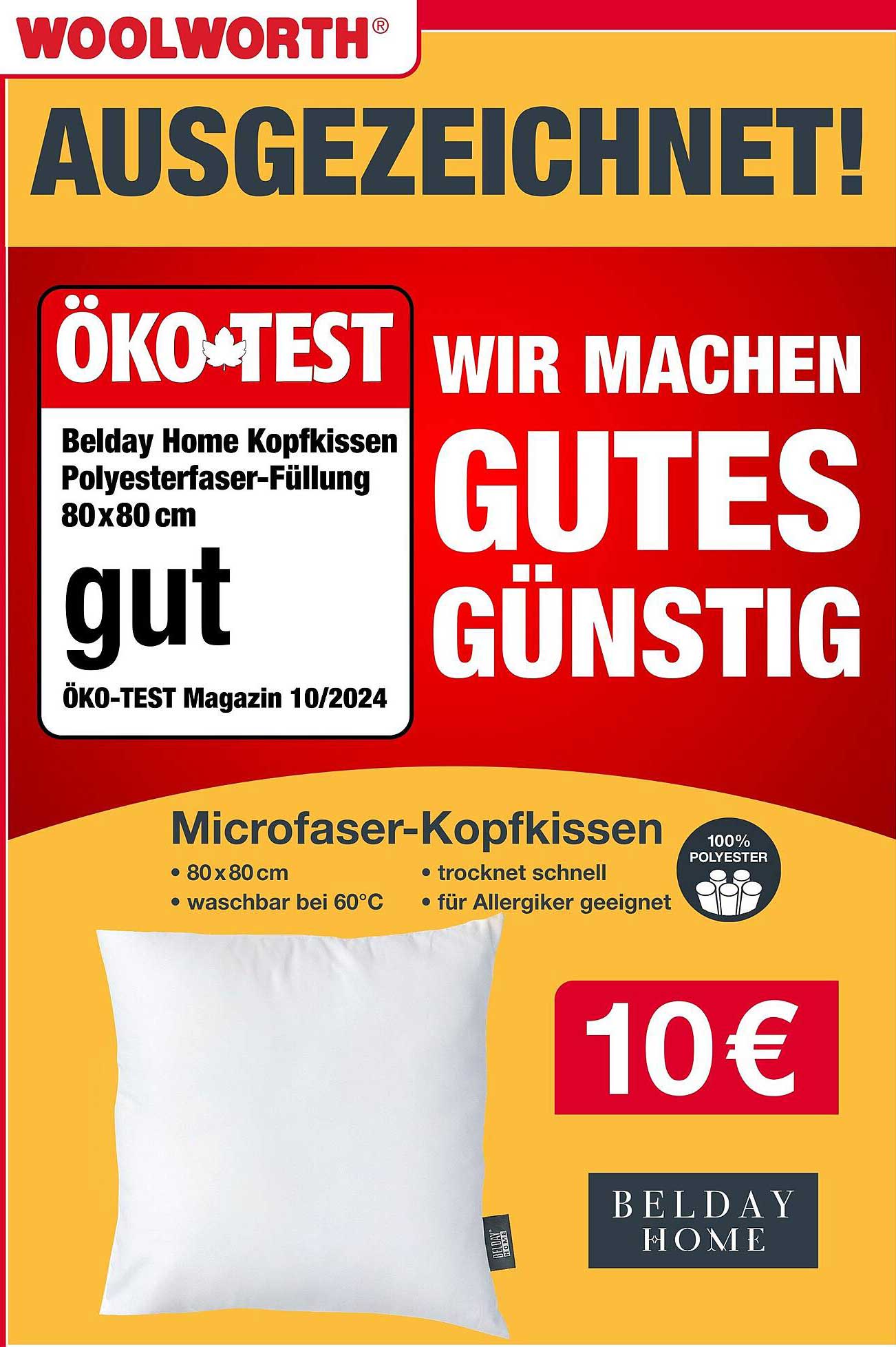 Belday Home Kopfkissen mit Polyesterfaser-Füllung 80x80 cm