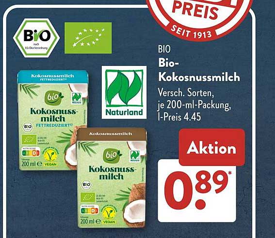 BIO Bio-Kokosnussmilch, verschiedene Sorten, 200 ml
