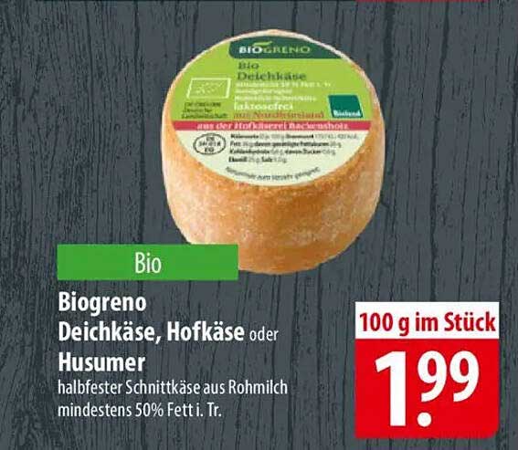 Biogreno Deichkäse, Hofkäse oder Husumer - halbfester Schnittkäse aus Rohmilch mindestens 50% Fett i. Tr.