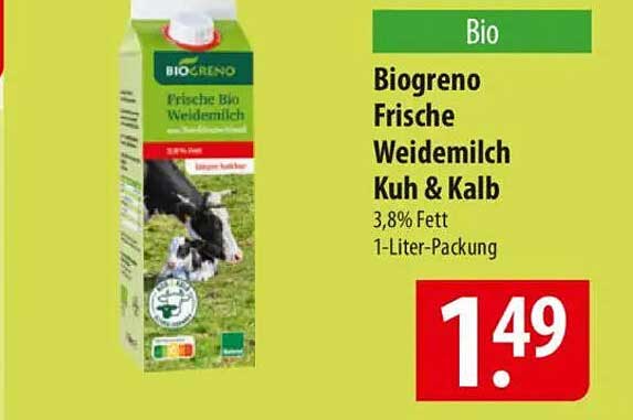Biogreno Frische Weidemilch Kuh & Kalb 1-Liter-Packung