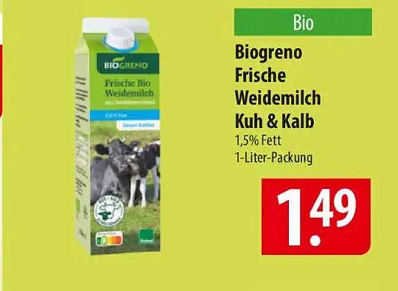 Biogreno Frische Weidemilch Kuh & Kalb 1,5% Fett 1-Liter-Packung