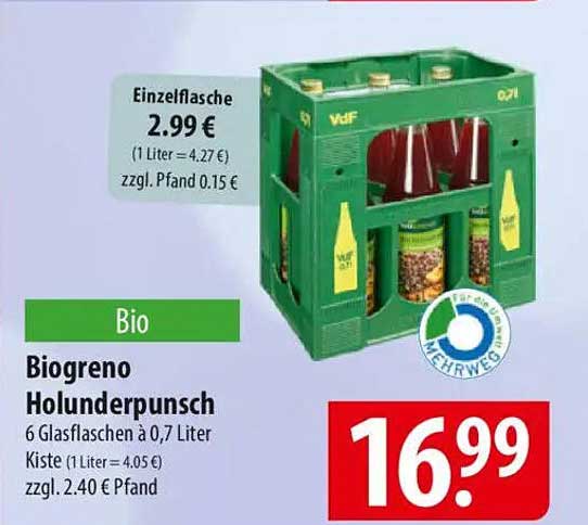 Biogreno Holunderpunsch 6 Glaskisten à 0,7 Liter