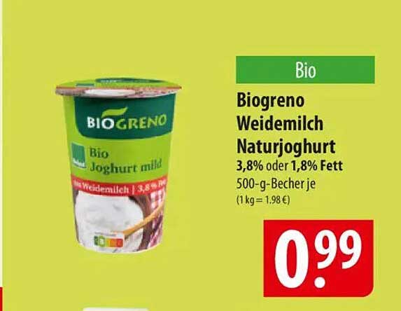 Biogreno Weidemilch Naturjoghurt 3,8% oder 1,8% Fett 500-g-Becher